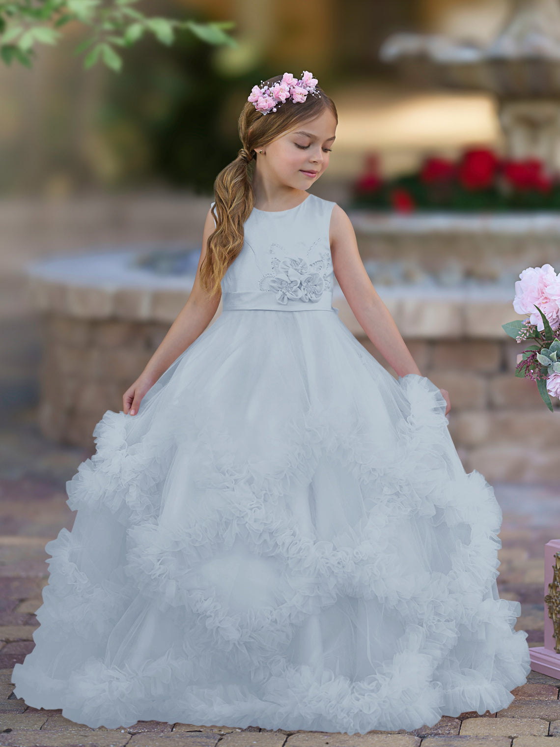 Vestido de niña de las flores de corte A, de satén y tul, hasta el suelo, con volantes en cascada. 