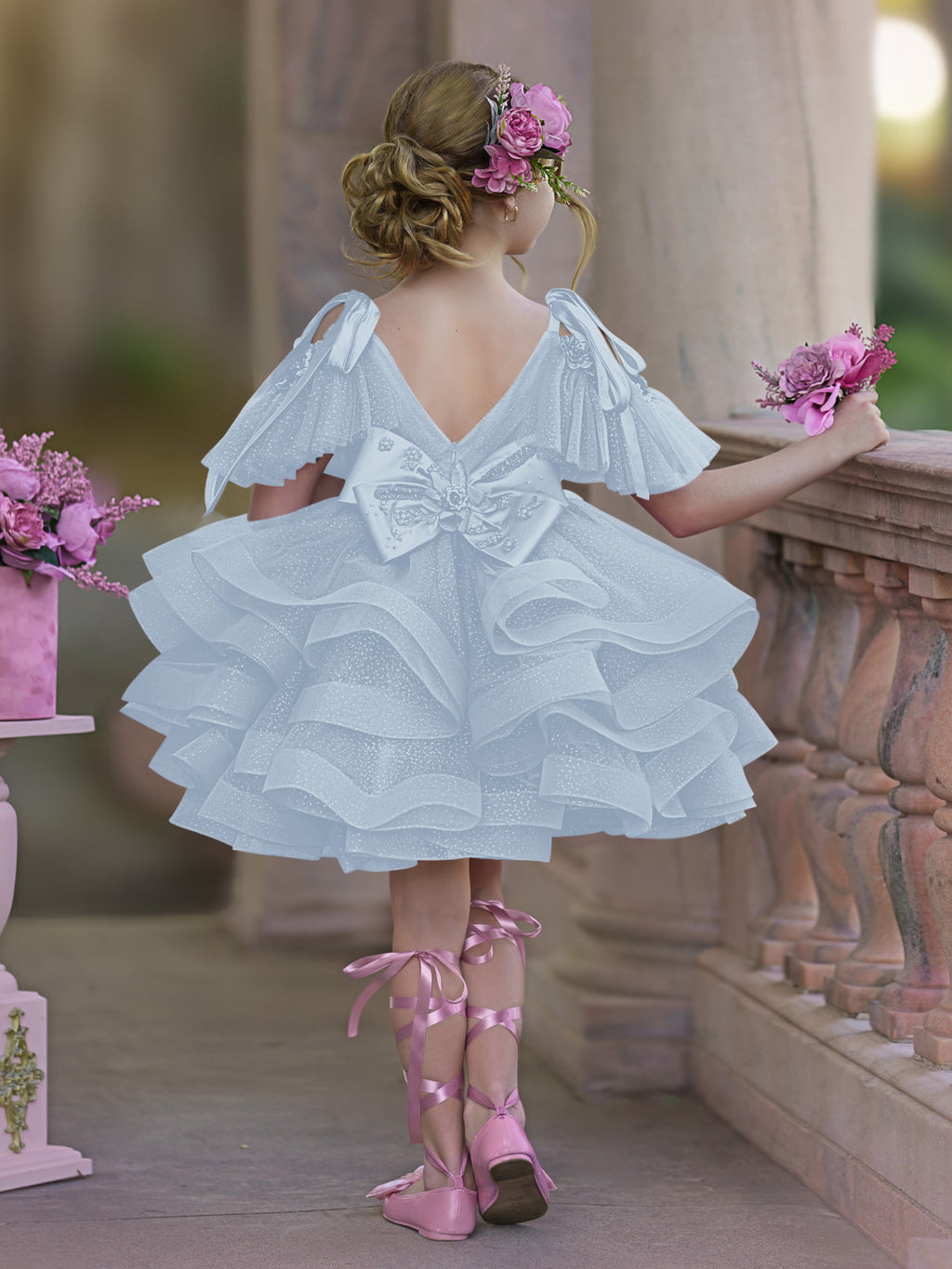 Vestido de princesa/vestido de tul hasta la rodilla para niña de las flores de cumpleaños 