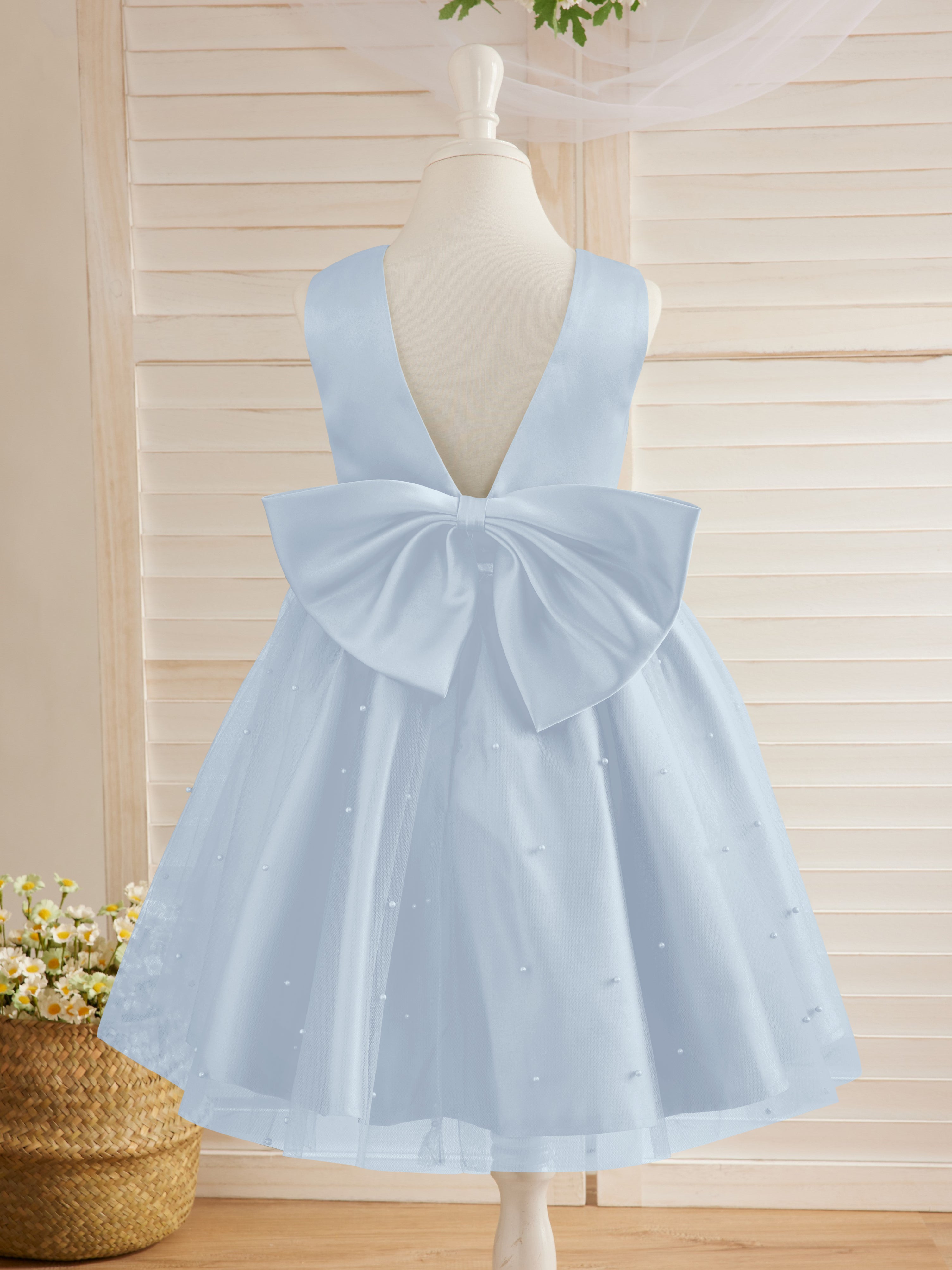 Vestido de princesa/vestido de princesa de satén y tul hasta la rodilla para niña de las flores 