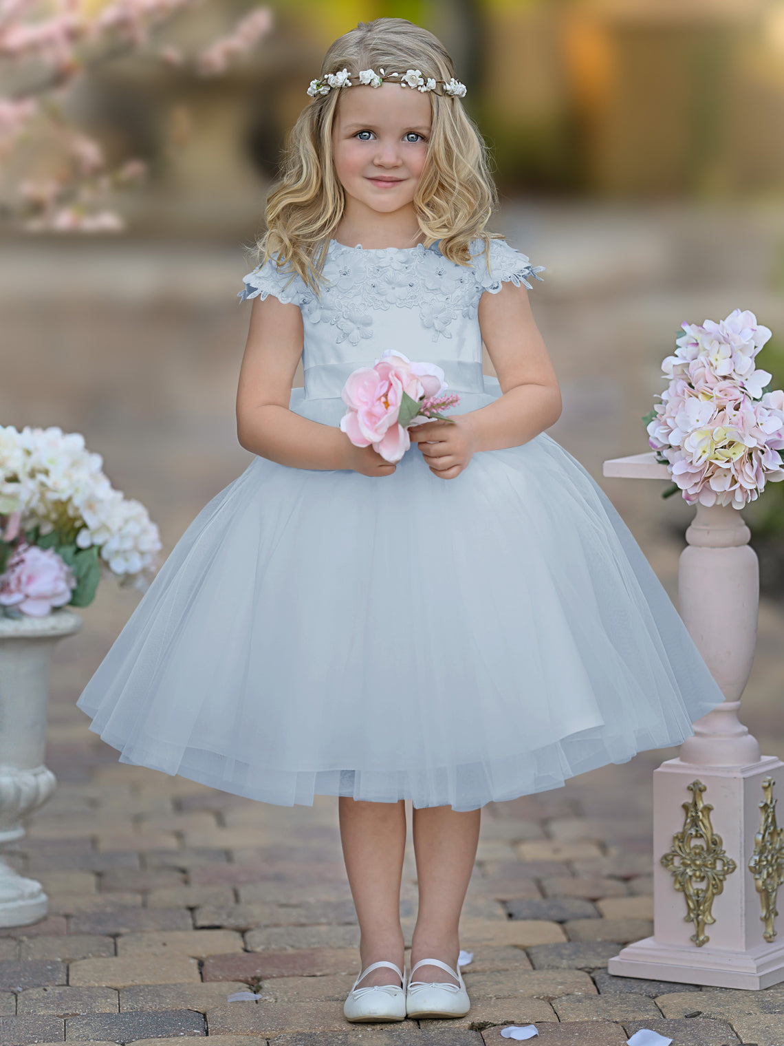 Vestido de niña de las flores de la Primera Comunión, color marfil, de tul satinado hasta la rodilla 