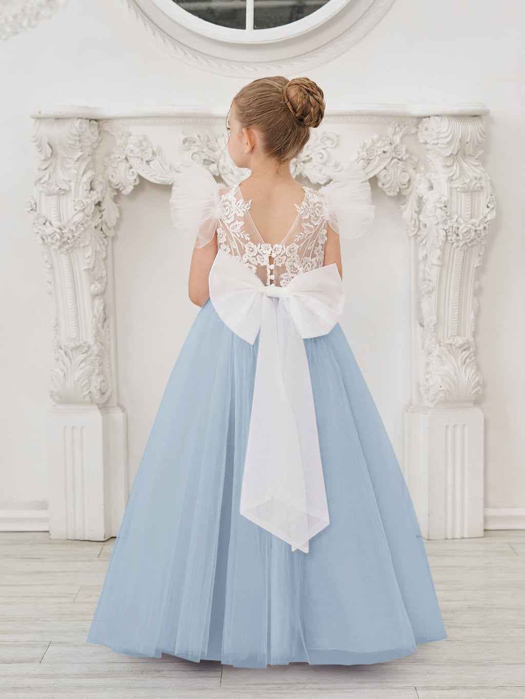 Vestido de niña de las flores con cola de tul y encaje desmontable 