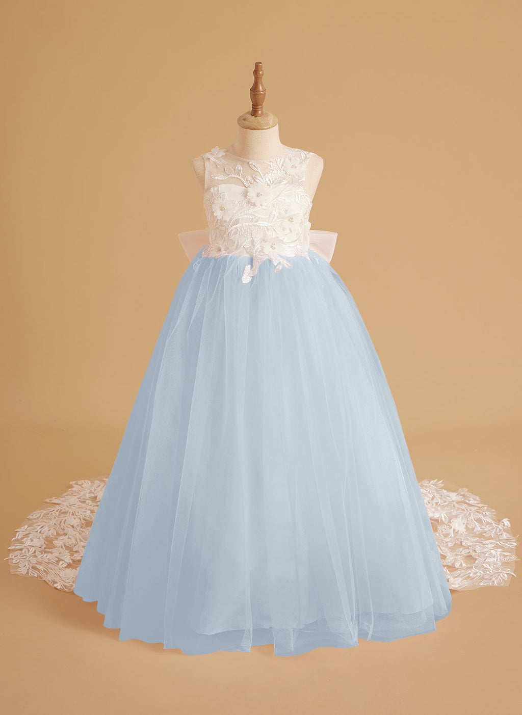 Vestido de niña de las flores sin mangas con cola desmontable de princesa de ensueño 