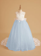 Vestido de niña de las flores sin mangas con cola desmontable de princesa de ensueño 