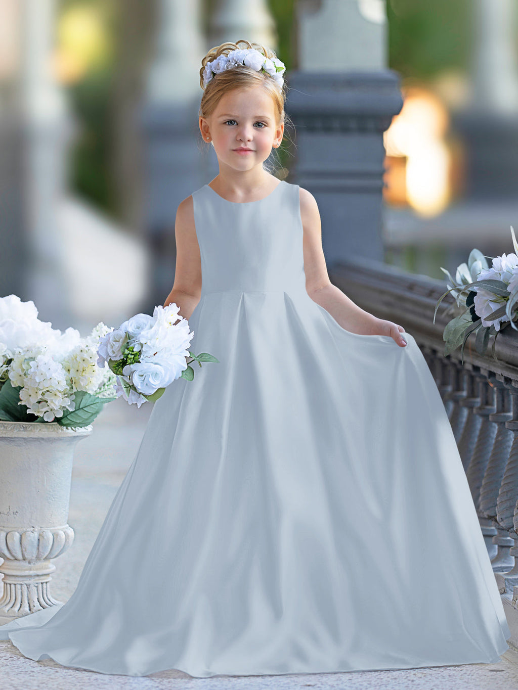 Vestido de niña de las flores para la Primera Comunión, corte en A, encaje y satén, hasta el suelo 