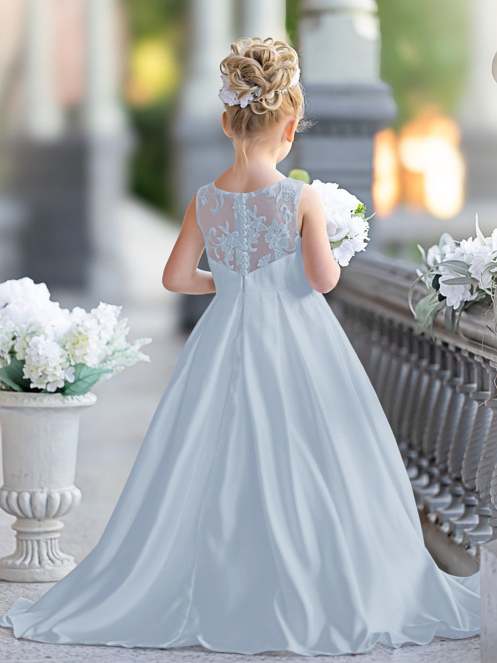 Vestido de niña de las flores para la Primera Comunión, corte en A, encaje y satén, hasta el suelo 