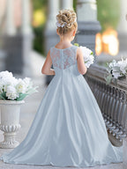 Vestido de niña de las flores para la Primera Comunión, corte en A, encaje y satén, hasta el suelo 