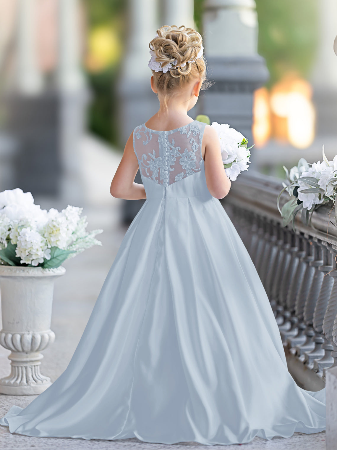 Vestido de niña de las flores para la Primera Comunión, corte en A, encaje y satén, hasta el suelo 