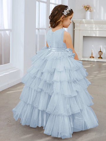 Robe de bal/robe de princesse rose perle sans manches en tulle avec nœud pour demoiselle d'honneur 