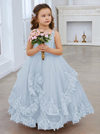 Vestido de princesa sin mangas de tul con apliques de encaje y cola corta para niñas 