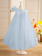 Vestido de niña pequeña de las flores, corte en A, con gran lazo y tul, hasta la rodilla. 