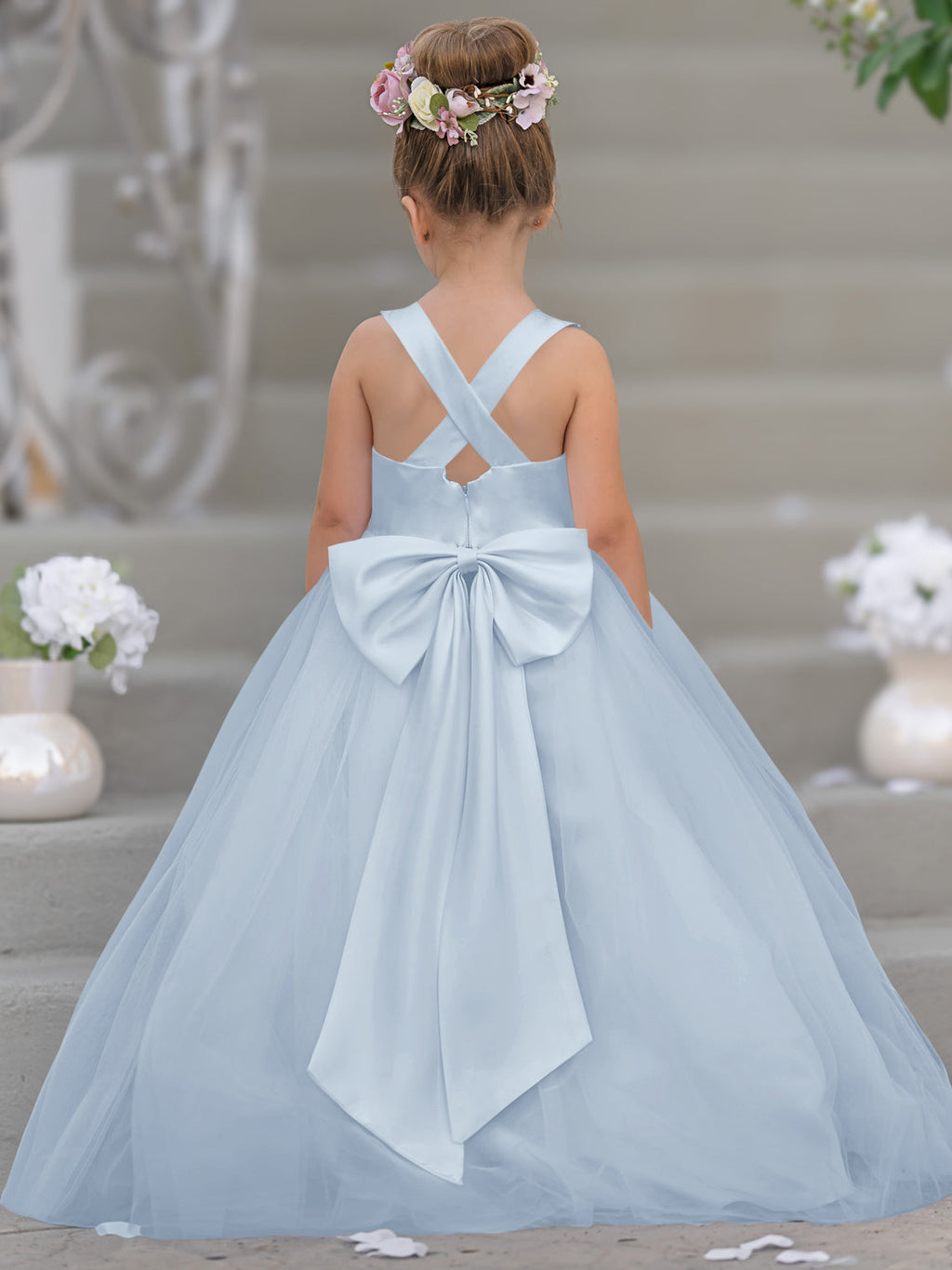 Vestido de niña de las flores clásico de corte en A sin mangas en satén y tul 