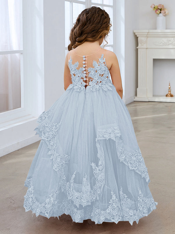 Vestido de princesa sin mangas de tul con apliques de encaje y cola corta para niñas 
