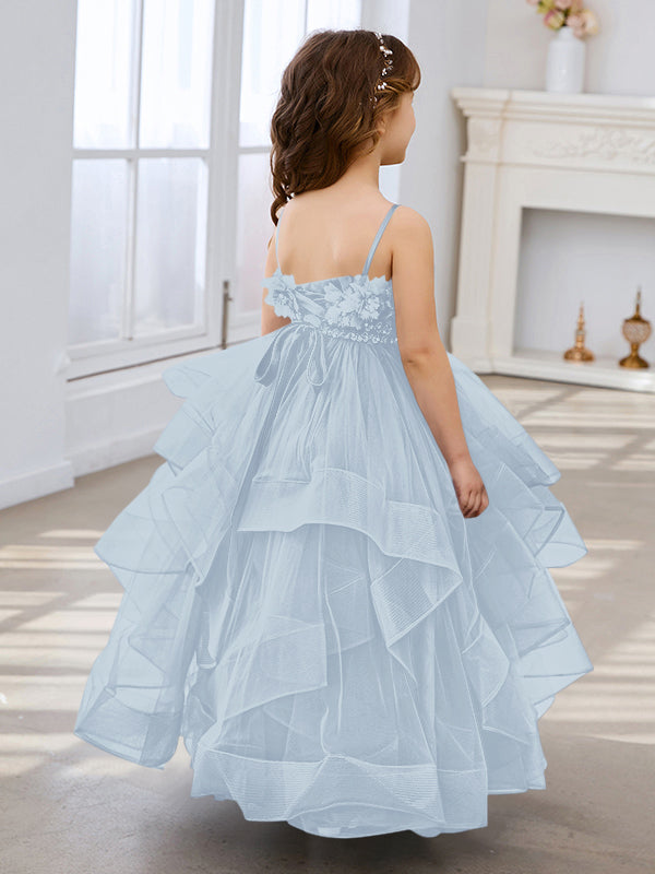 Vestido de niña de las flores de tul sin mangas, corte princesa, azul pizarra, corte en A, estilo princesa 