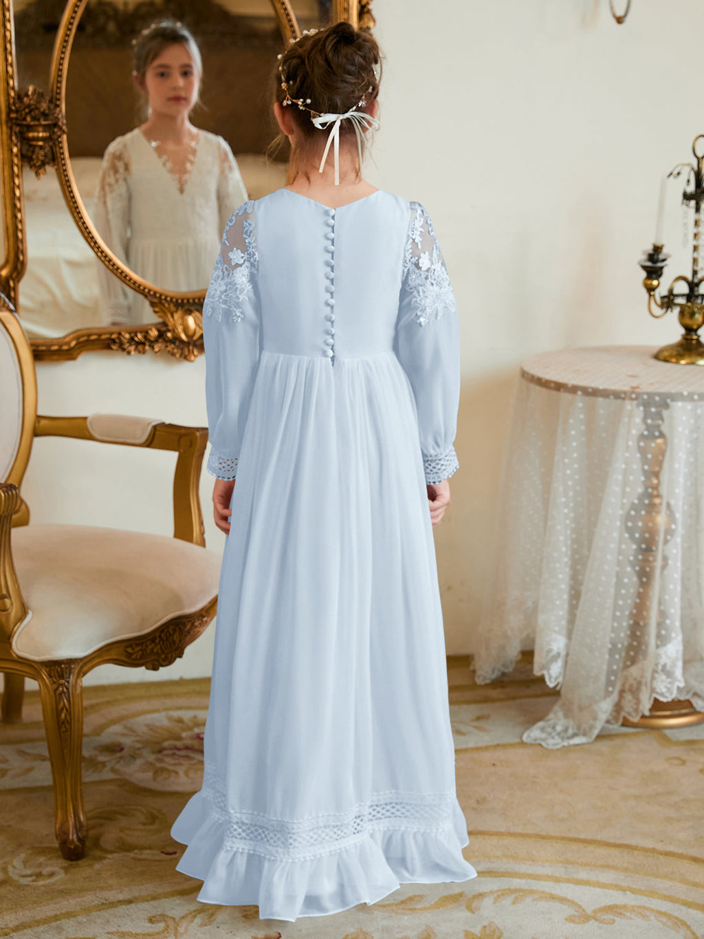 Vestido de Primera Comunión color marfil, corte en A, de gasa hasta el suelo 