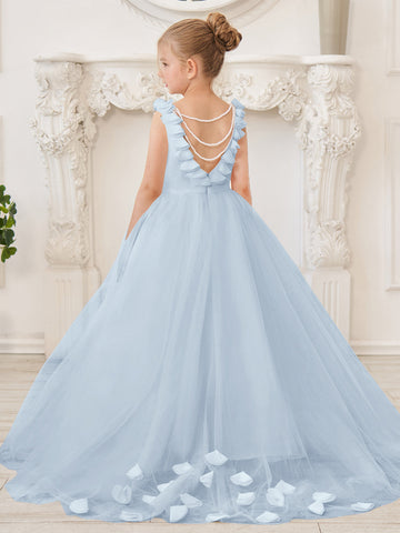 Elegante vestido blanco de tul para niña de las flores con cola corta 