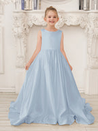 Vestido de niña de las flores de satén sin mangas, corte princesa, con cola y lazo. 