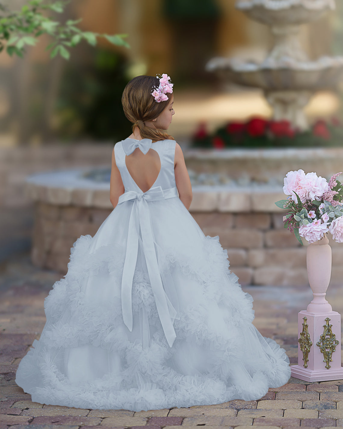 Vestido de niña de las flores de corte A, de satén y tul, hasta el suelo, con volantes en cascada. 