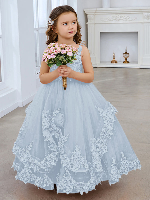 Vestido de princesa sin mangas de tul con apliques de encaje y cola corta para niñas 