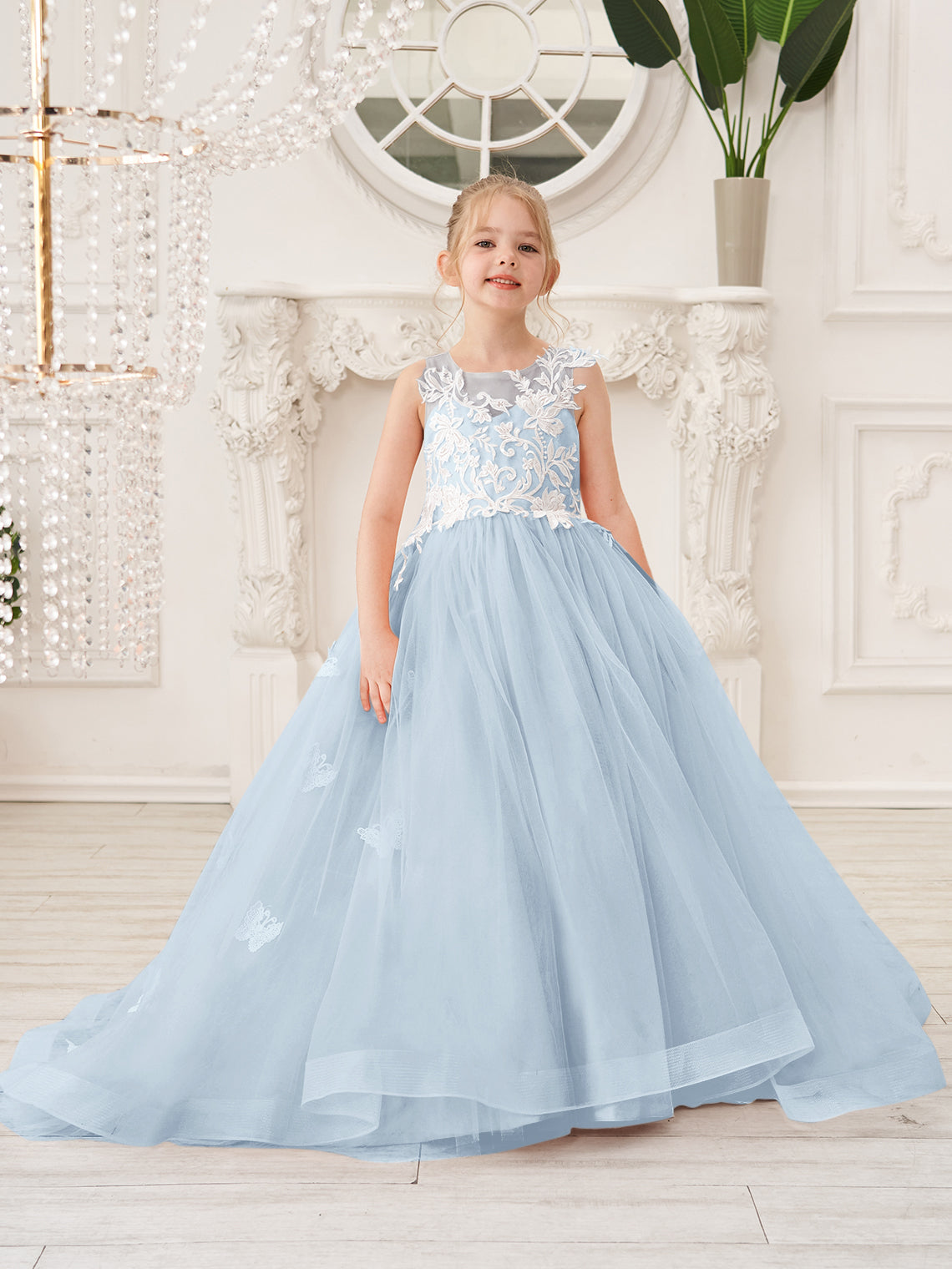 Elegante vestido de princesa sin mangas de tul para niña de las flores, corte en A 