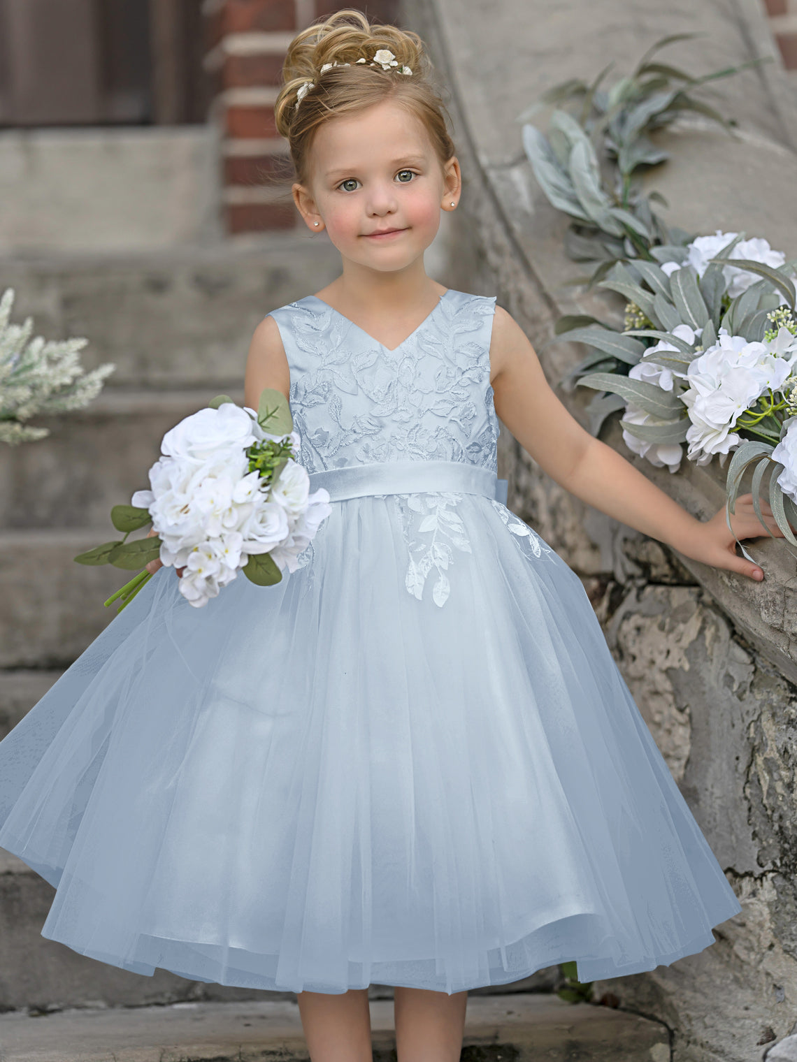 Vestido de niña de las flores sin mangas de tul y encaje hasta la rodilla 