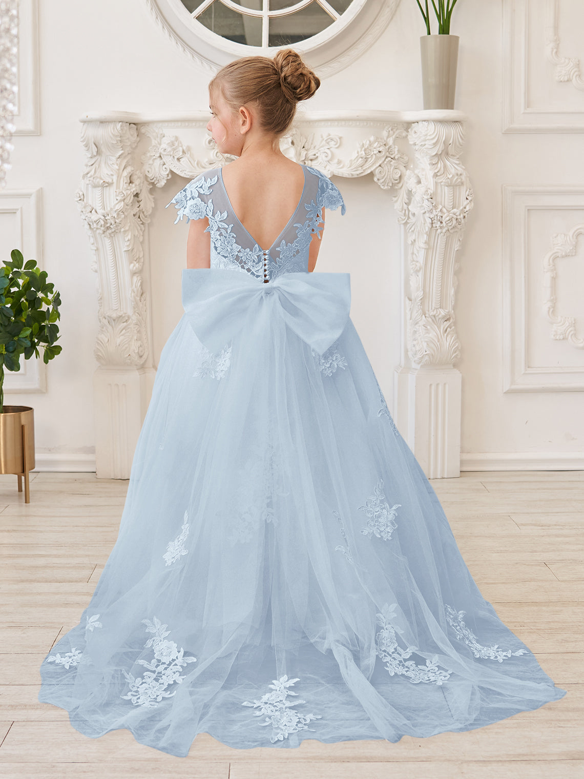 Vestido de niña de las flores para la Primera Comunión, color marfil, con cola desmontable estilo princesa. 
