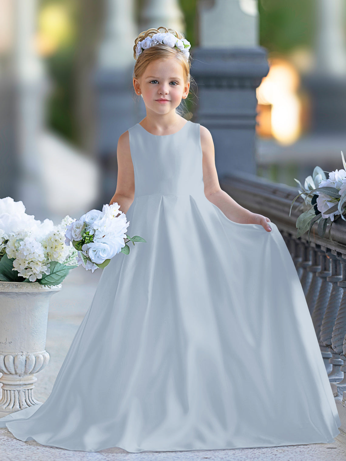Vestido de niña de las flores para la Primera Comunión, corte en A, encaje y satén, hasta el suelo 