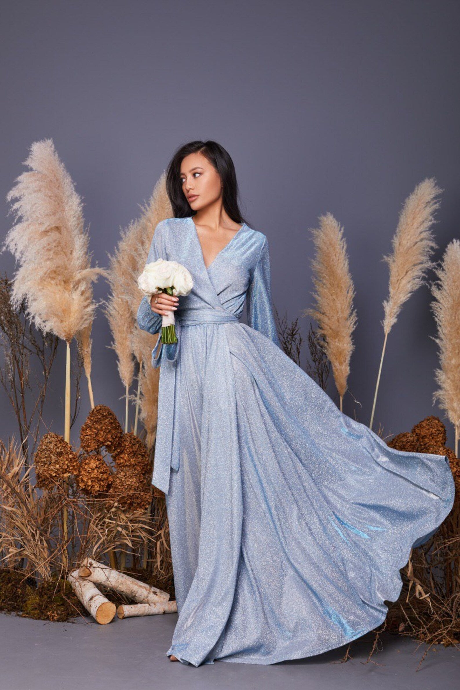 Vestido de fiesta largo con mangas abullonadas y purpurina para mujer, con abertura, ideal para eventos formales de noche (SYP01)