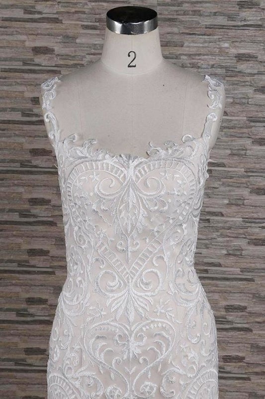 Vestidos de novia elegantes de sirena con apliques en el cuello cuadrado. 