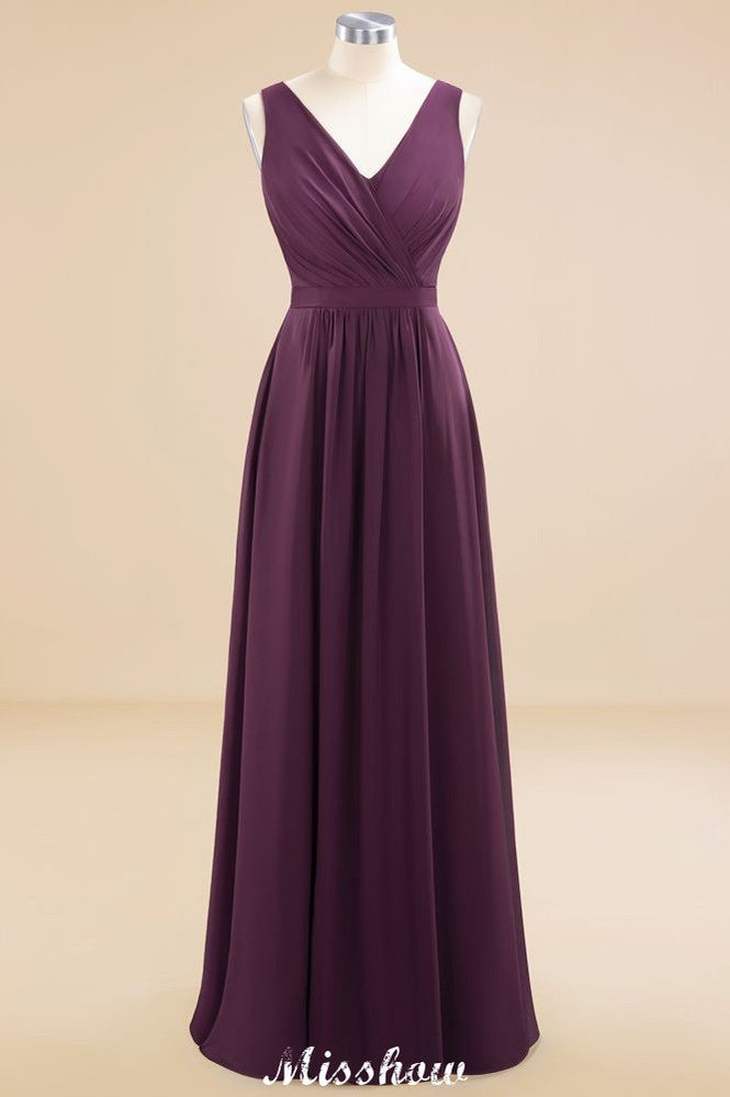Vestido de dama de honor de gasa sin mangas, corte en A, largo hasta el suelo, escote en V.