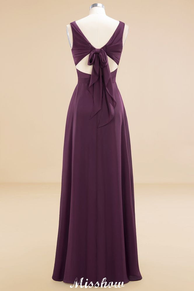 Vestido de dama de honor de gasa sin mangas, corte en A, largo hasta el suelo, escote en V.