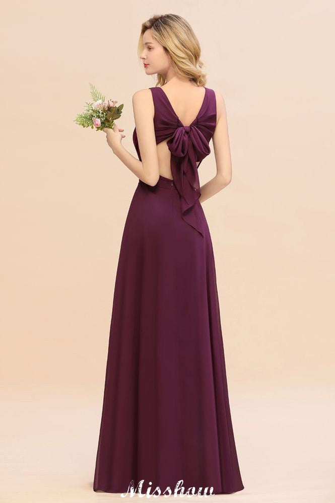 Robe de demoiselle d'honneur sans manches en mousseline de soie, coupe trapèze, longueur au sol, col en V