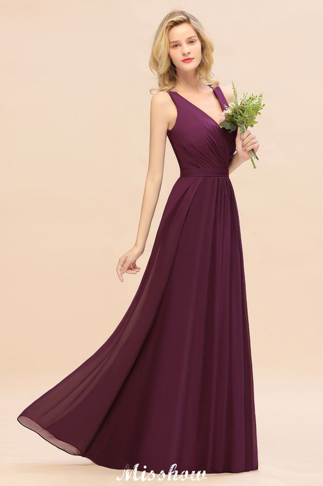 Vestido de dama de honor de gasa sin mangas, corte en A, largo hasta el suelo, escote en V.