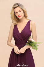 Vestido de dama de honor de gasa sin mangas, corte en A, largo hasta el suelo, escote en V.