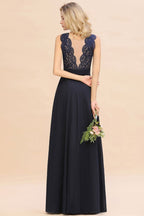 Vestido largo de noche sin mangas, corte en A, apliques de encaje, largo hasta el suelo, para dama de honor o para fiesta formal.