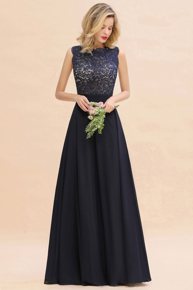 Vestido largo de noche sin mangas, corte en A, apliques de encaje, largo hasta el suelo, para dama de honor o para fiesta formal.