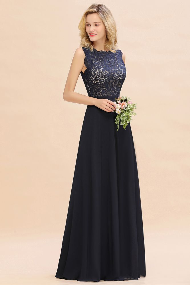 Vestido largo de noche sin mangas, corte en A, apliques de encaje, largo hasta el suelo, para dama de honor o para fiesta formal.