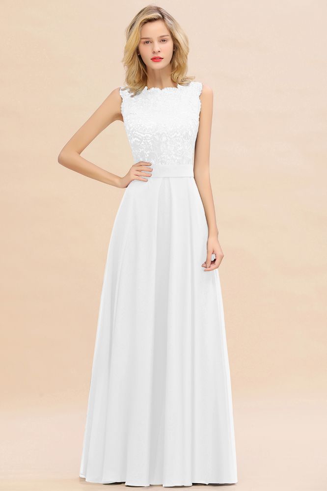 Vestido largo de noche sin mangas, corte en A, apliques de encaje, largo hasta el suelo, para dama de honor o para fiesta formal.