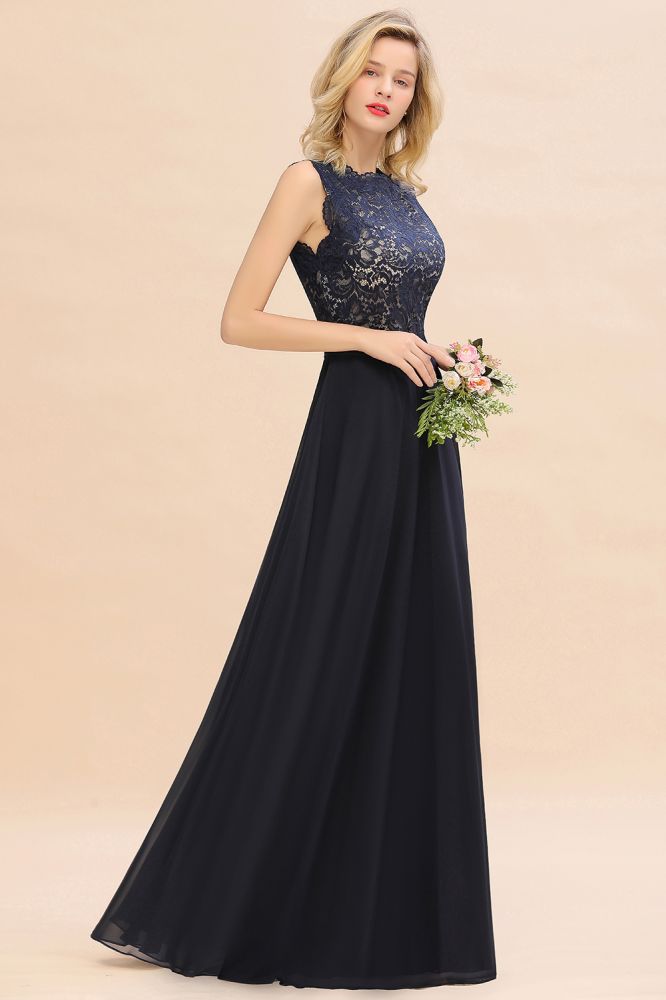 Vestido largo de noche sin mangas, corte en A, apliques de encaje, largo hasta el suelo, para dama de honor o para fiesta formal.