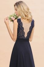 Vestido largo de noche sin mangas, corte en A, apliques de encaje, largo hasta el suelo, para dama de honor o para fiesta formal.