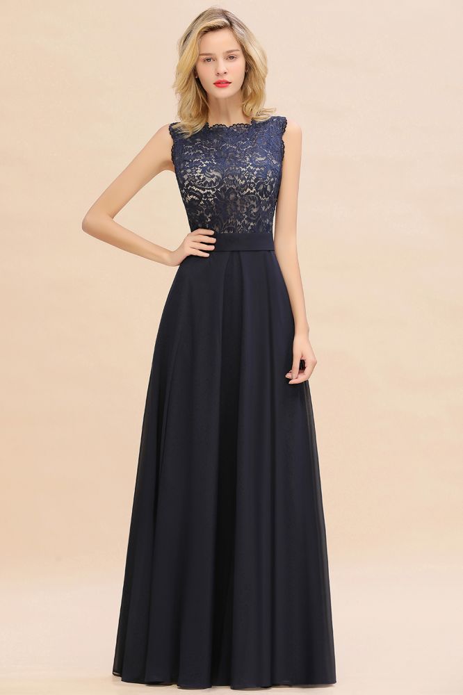 Vestido largo de noche sin mangas, corte en A, apliques de encaje, largo hasta el suelo, para dama de honor o para fiesta formal.