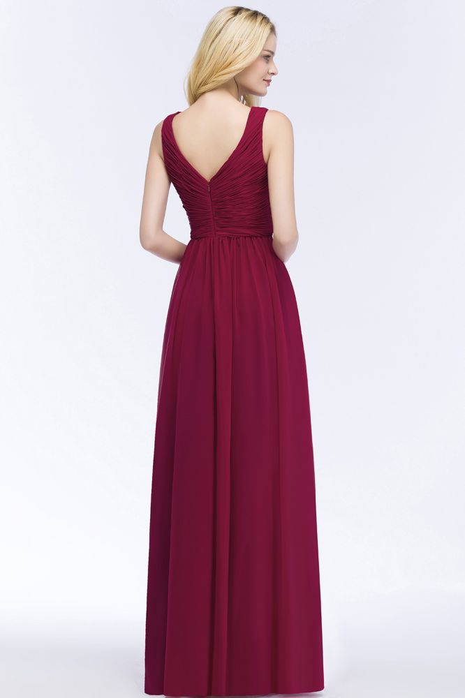 Robe de demoiselle d'honneur longue sans manches, coupe trapèze, col en V, volants, en mousseline, style A-line