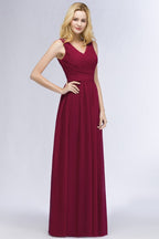 Robe de demoiselle d'honneur longue sans manches, coupe trapèze, col en V, volants, en mousseline, style A-line