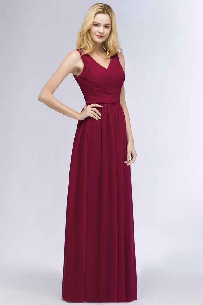 Robe de demoiselle d'honneur longue sans manches, coupe trapèze, col en V, volants, en mousseline, style A-line