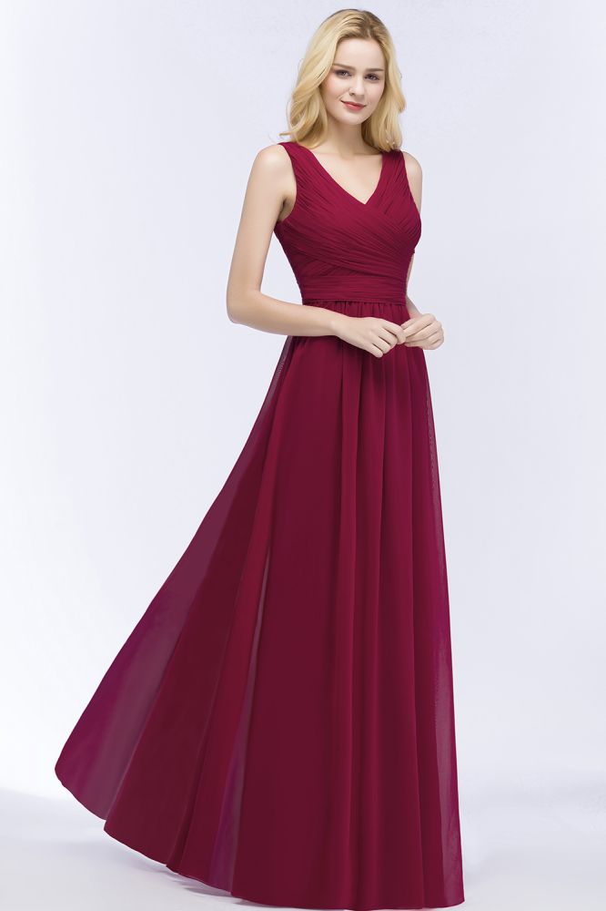 Robe de demoiselle d'honneur longue sans manches, coupe trapèze, col en V, volants, en mousseline, style A-line