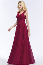 Robe de demoiselle d'honneur longue sans manches, coupe trapèze, col en V, volants, en mousseline, style A-line