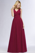Robe de demoiselle d'honneur longue sans manches, coupe trapèze, col en V, volants, en mousseline, style A-line