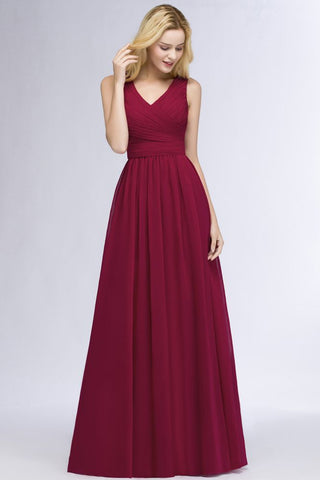 Sleeveless A-line V-neck Ruffled Chiffon Bridesmaid Dresses Floor Length Party Dress