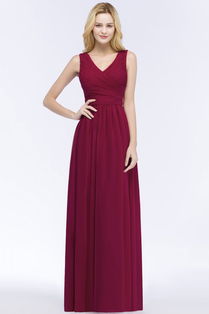 Robe de demoiselle d'honneur longue sans manches, coupe trapèze, col en V, volants, en mousseline, style A-line