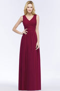 Robe de demoiselle d'honneur longue sans manches, coupe trapèze, col en V, volants, en mousseline, style A-line