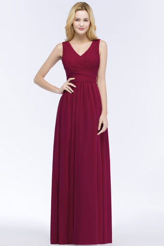 Sleeveless A-line V-neck Ruffled Chiffon Bridesmaid Dresses Floor Length Party Dress